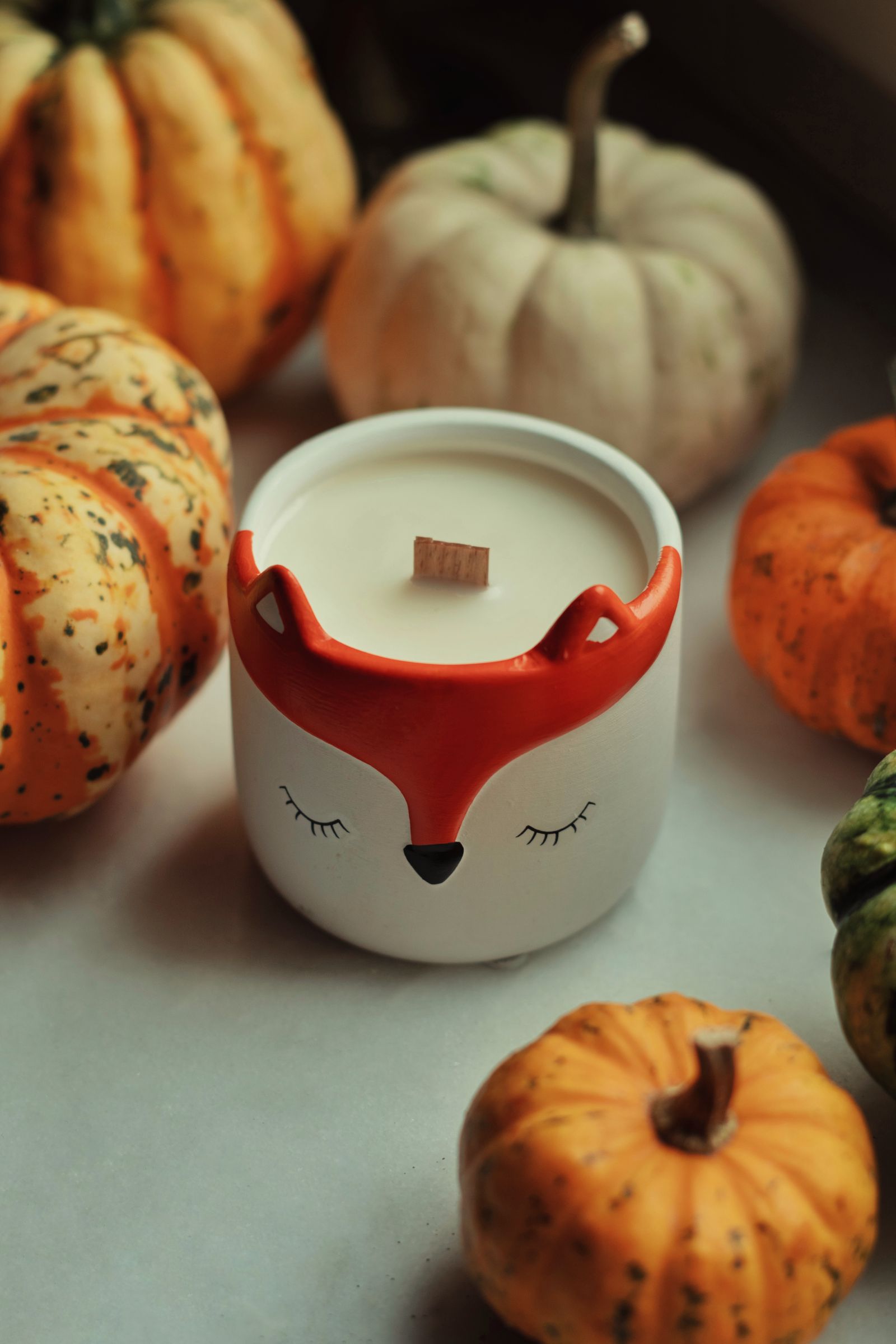 A lit candle surrounded by small pumpkins on a table, autumn still life