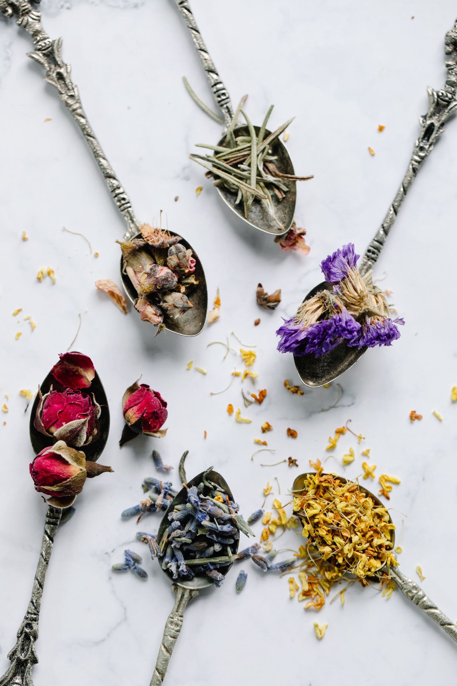 Various dried flowers and herbs arranged on small spoons